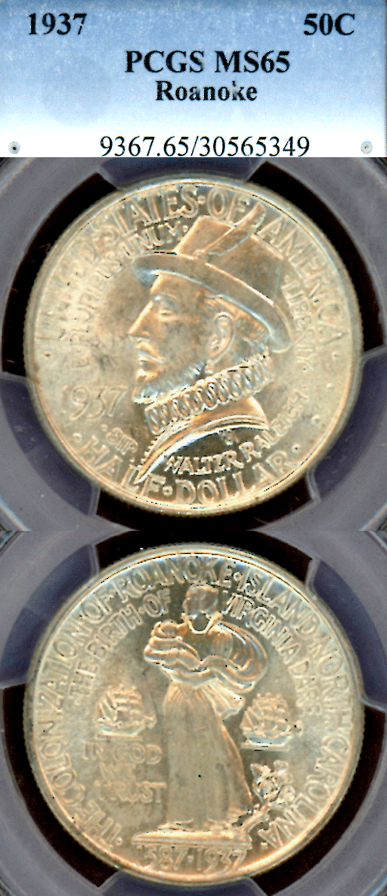 Classic Commemoratve Siver Half Dollar 1937 Roanoke Commemorative PCGS MS 65