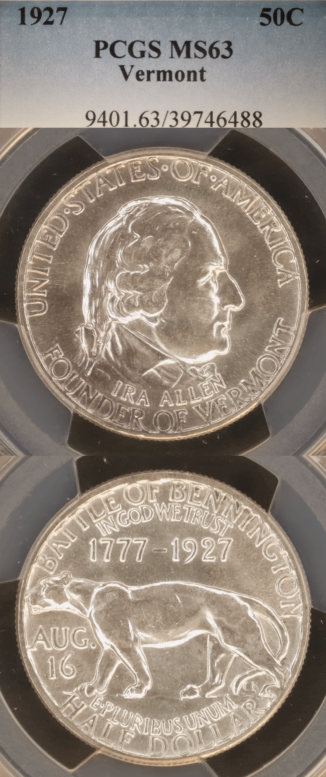 Classic US Commemoratve Siver Half Dollar 1927 Vermont PCGS MS 63