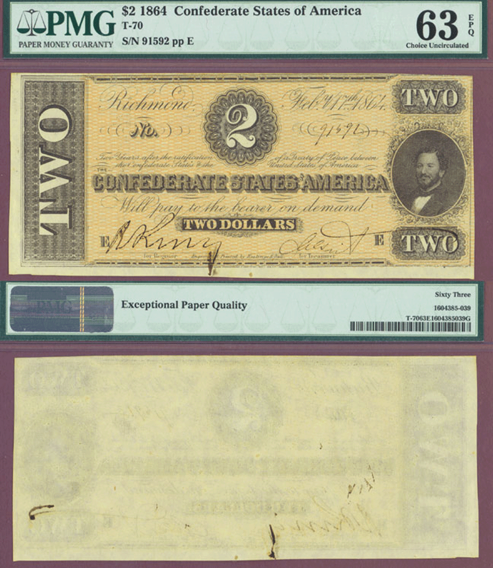 Confederate Currency T-70 T-70 $2 1864 PMG Choice Uncirculated 63