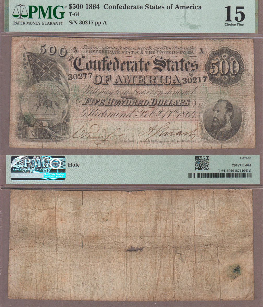 Confederate States of America Paper Money T-64 $500 1864 NGC Choice Fine 15