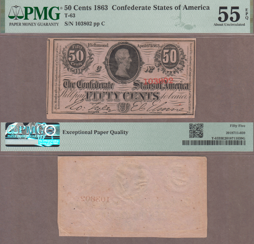 Confederate States of America Paper Money T-63 50 Cents 1863 PMG AU 55 EPQ