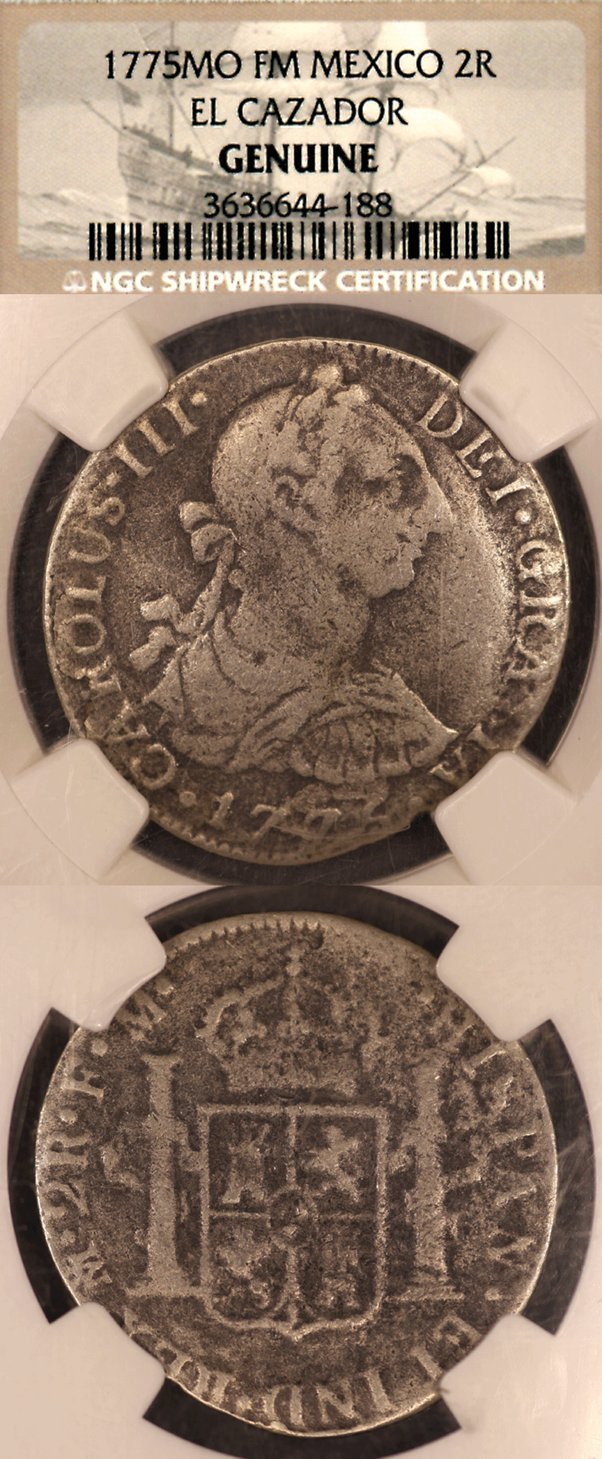 shipwreck coin 1775 2 Real "El Cazador" Shipwreck silver coin