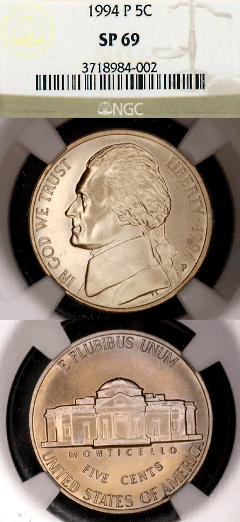 Jefferson Nickel 1994-P 5 Cent "Specimen" NGC SP 69