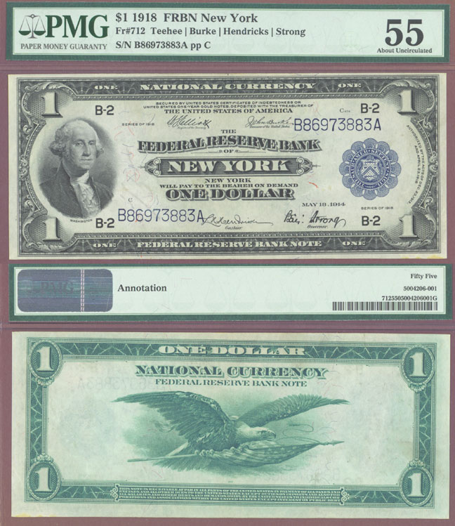 1918 $1.00 FR-712 1918 $1.00 FR-712 Large US Federal Reserve Bank Note PMG About Uncirculated 55