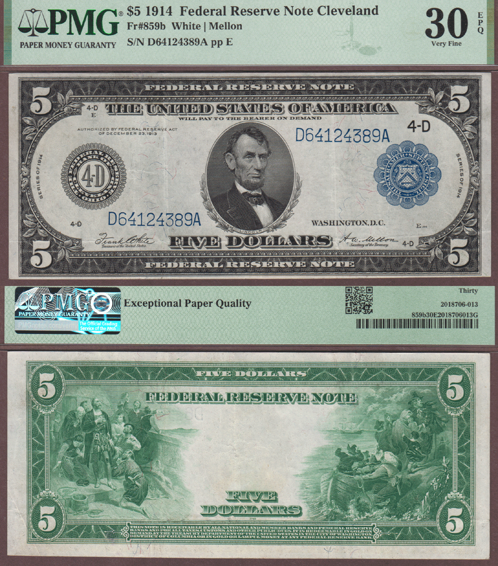 $5.00 FR-859b 1914 $5.00 FR-859b Cleveland PMG VF 30