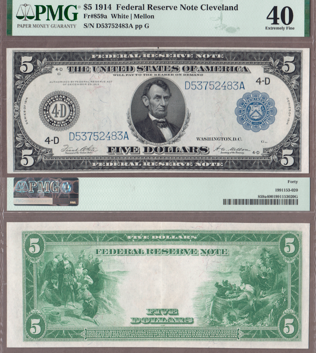 $5.00 FR-859a 1914 $5.00 FR-859a Cleveland PMG EF-40