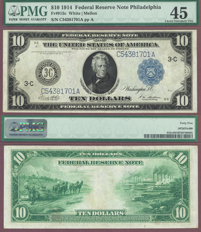 1914 $10 FR-915c 1914 $10 FR-915c Large US Federal Reserve Note Philadelphia PMG Choice Extremely Fine 45