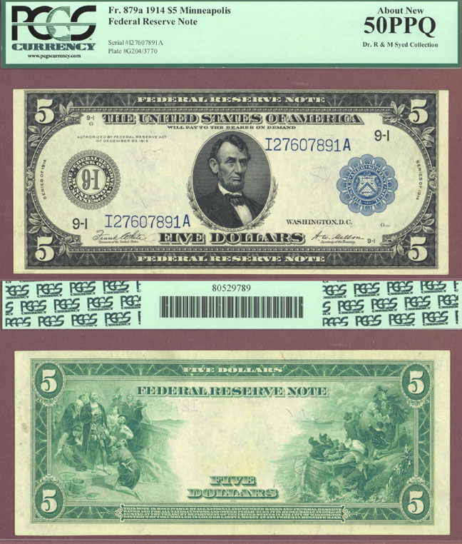 1914 $5 FR-879a 1914 $5 FR-879a large size US federal reserve note