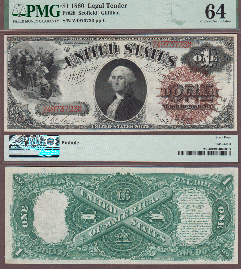 FR-28 1880 $1.00 FR-28 US Large size legal tender note PMG CU 64