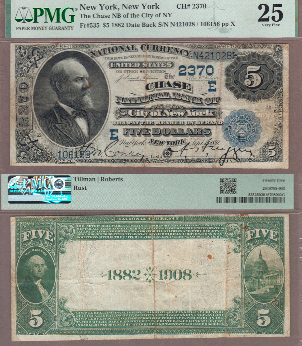 Large Size National Bank Note 1882 Date Back $5.00 FR-535 New York, New York Charter 2370 PMG Very Fine 25