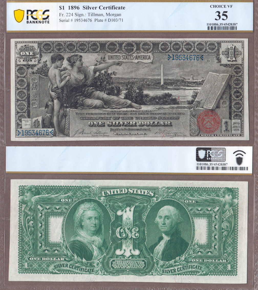 Large Size Silver Certificate 1896 $1.00 FR-224 PCGS Very Fine 35