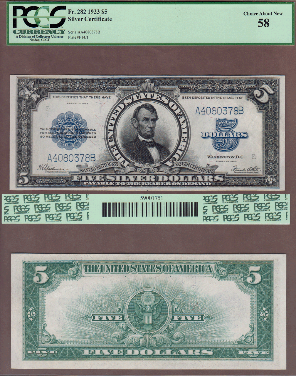 Large Size US Silver Certificate 1923 $5.00 FR-282 PCGS Choice About Uncirculated 58