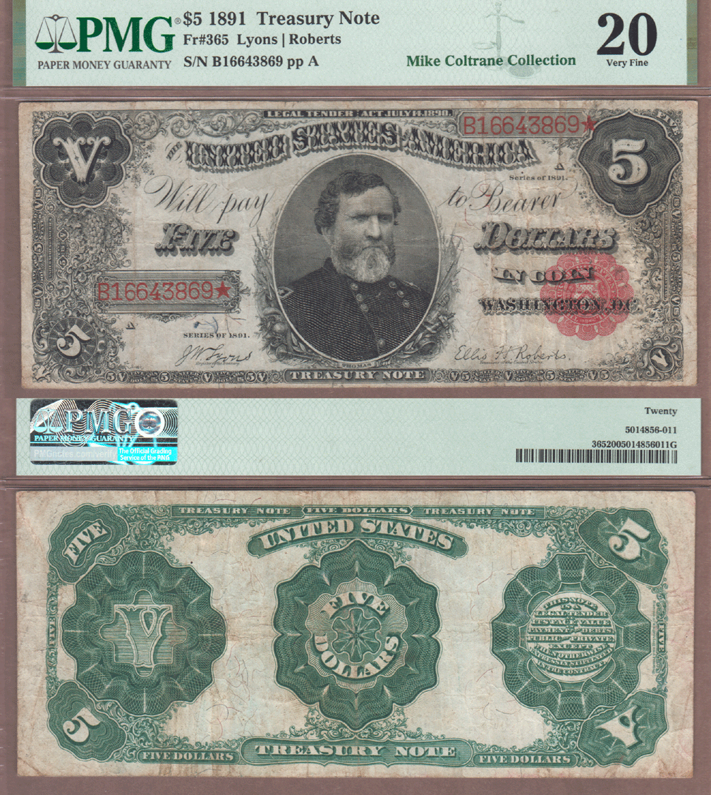 US Large Size Treasury Note 1891 - $5.00 FR-365 PMG VF 20