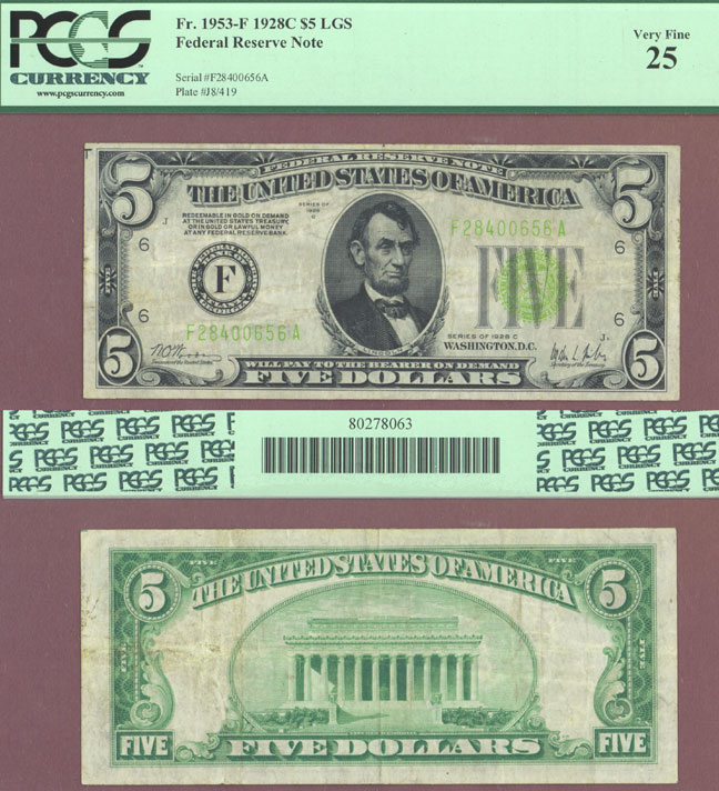 1928-C $5 FR-1953-F 1928-C $5 FR-1953-F Light Green Seal Federal Reserve Note