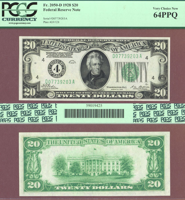 1928 - $20.00 FR-2050-D 1928 - $20.00 FR-2050-D Numeral Note US small size federal reserve note PCGS Very Choice New 64 PPQ