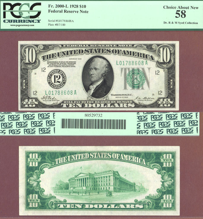 1928 - $10.00 FR-2000-L 1928 - $10.00 FR-2000-L Numeral Note US small size federal reserve note
