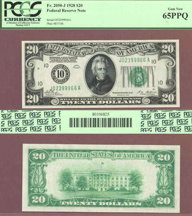 1928 - $20.00 FR-2050-J 1928 - $20.00 FR-2050-J Numeral Note US small size federal reserve note PCGS GEM New 65PPQ