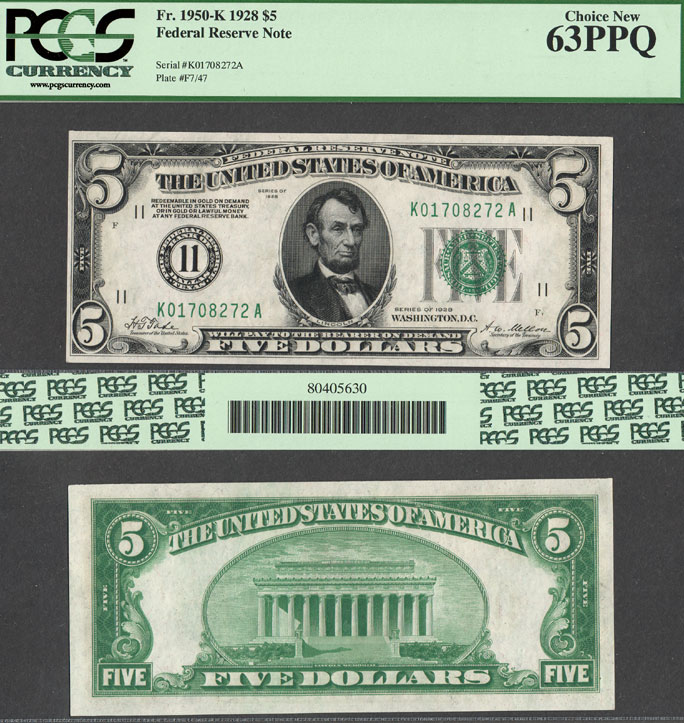 1928 $5.00 FR-1950-K 1928 $5.00 FR-1950-K US small size federal reserve note PCGS Choice New 63 PPQ