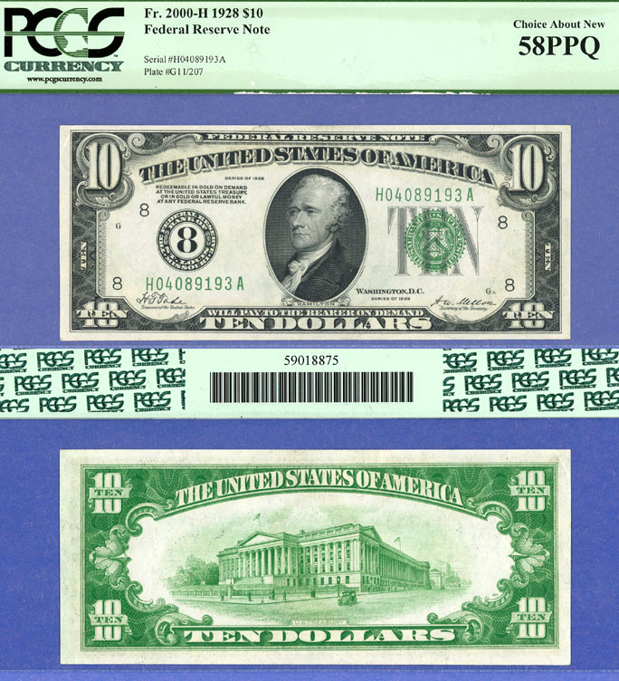 1928 - $10.00 FR-2000-H 1928 - $10.00 FR-2000-H Numeral Note US small size federal reserve note PCGS Choice About New 58 PPQ