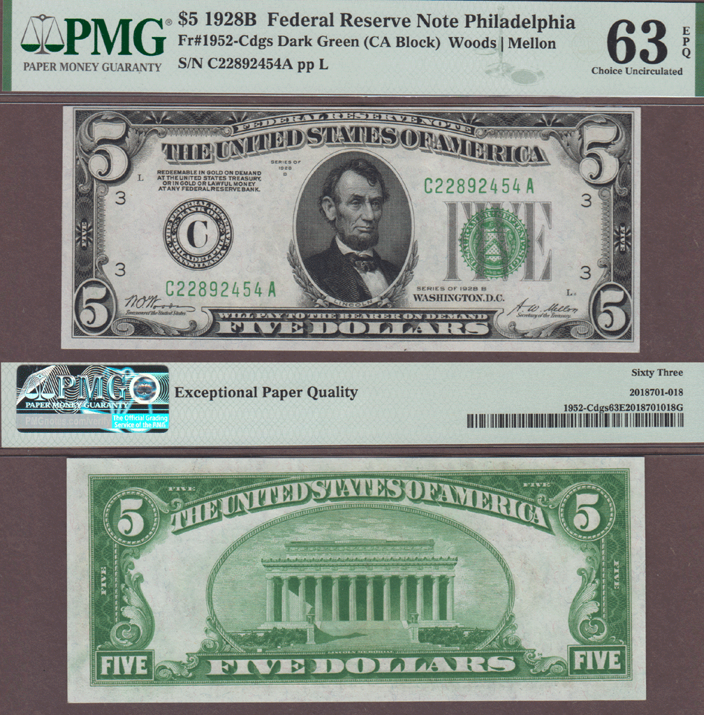 $5 FR-1952-C 1928-B $5 FR-1952-C dgs PMG Choice Uncirculated 63 EPQ