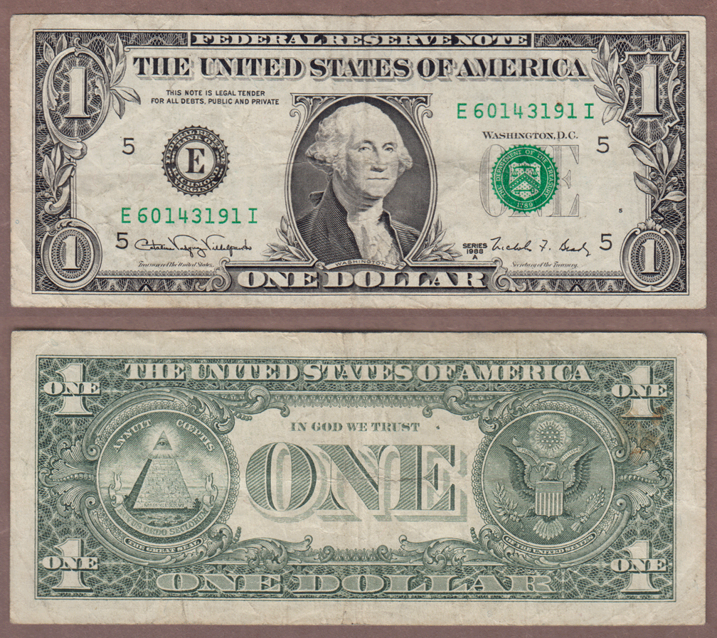Small Size $1.00 Federal Reserve Note 1988-A - $1 FR-1917-E "Web Note" Block EI
