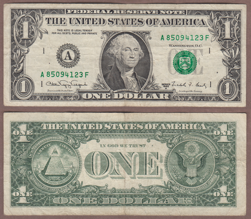 Small Size $1.00 Federal Reserve Note 1988-A - $1 FR-1917-A "Web Note" Block AF