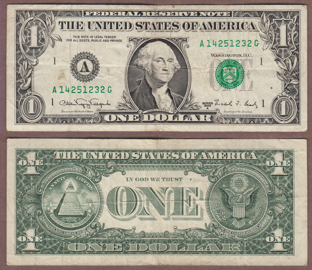 Small Size $1.00 Federal Reserve Note 1988-A - $1 FR-1917-A "Web Note" Block AG