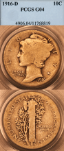 Mercury Dime 1916-D 10c PCGS Good 4