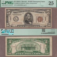 1934-A $ 5.00 FR-2302 "Hawaii" US Emergency Issue Federal Reserve note PMG Very Fine 25