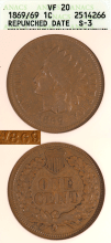 1869/69 1c Repunched Date ANACS VF 20