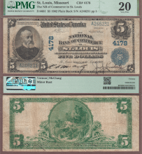 US Large Size National Bank Note 1902 Plain Back $5.00 FR-601 St. Louis Missouri Charter 4178 PMG VF 20
