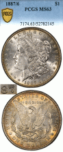 1887 $ 7/6 Overdate "TOP 100 VAM" PCGS MS 63