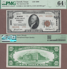 US Small Size National Bank Note 1929 $10.00 Type 2 FR-1801-2 Terrell Texas Charter 4990 PMG CU 64 EPQ