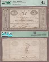 1838 Republic of Texas - $100 CR-H11 "STAR NOTE" PMG 45