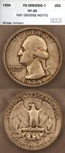 US Washington Quarter 1934 Double Die Obverse DDO-1 Segs VF
